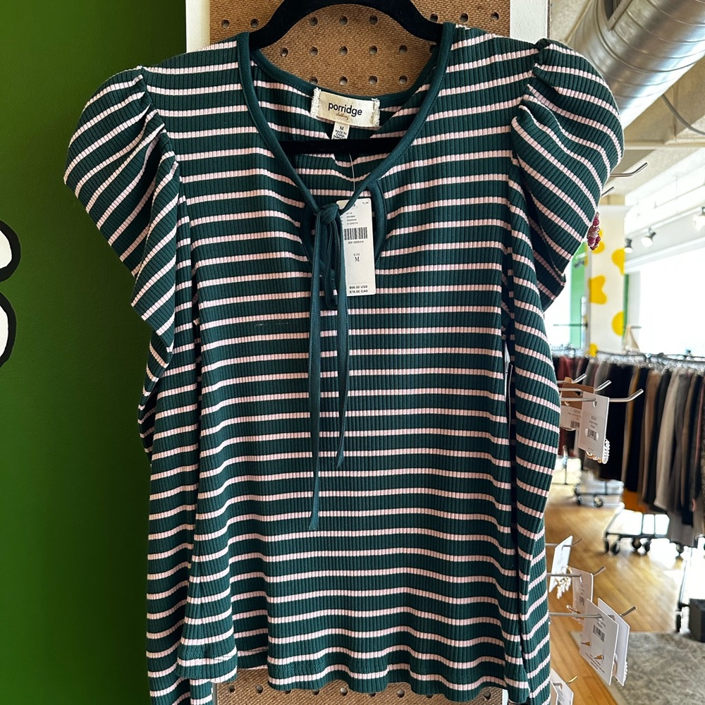 Anthropologie Green Striped Puff Sleeve Top